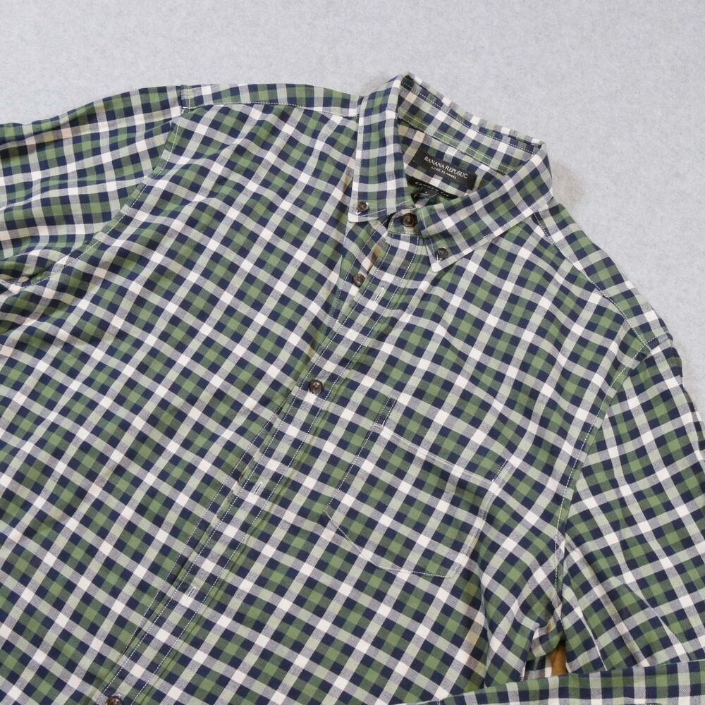Banana Republic Luxe Flannel Shirt Mens L Camden Fit Green Navy Plaid Cotton